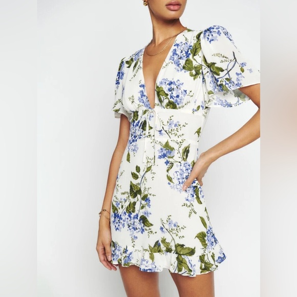 NEW Reformation Mya Mini Flower Dress Riviera Cream Blue in Size 10 - Picture 4 of 14